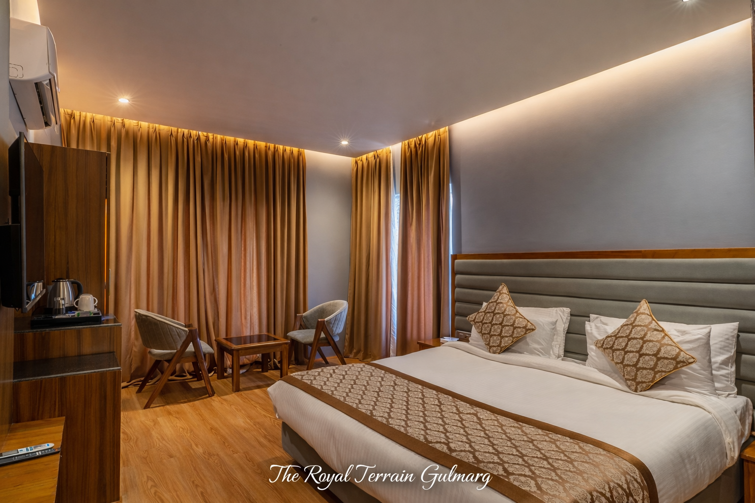 Deluxe room at The Royal Terrain Tangmarg — luxury interior with pine forest view